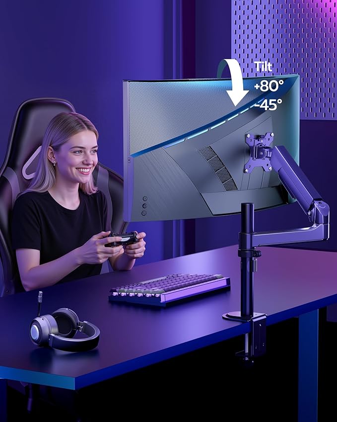 ARES WING Single Monitor Mount - Ultrawide Monitor Arm for 17 to 40 Inch Heavy Duty Curved Screen up to 26.4 lbs with Clamp/Grommet Desk Mount, 75/100 Vesa Mount, Black