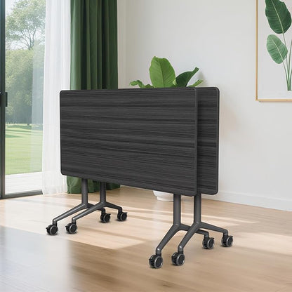 Conference Room Table, 55 Inch Folding Conference Tables with Wheels, Modern Office Meeting Table, Easy Flip & Nest Design, Rectangular Seminar Tables with Metal Frame for 2-24 People (N, 2PCS)