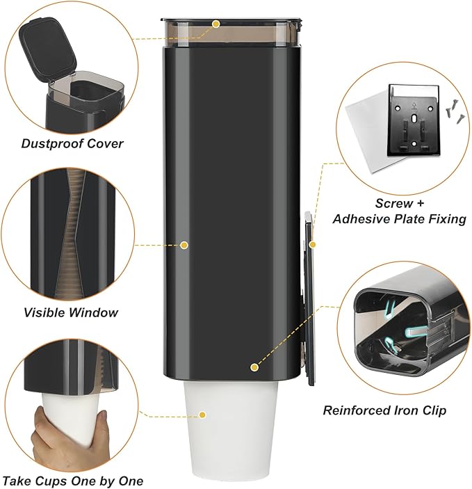 Cup Dispenser, Wall Mounted Mouthwash Cup Dispenser Fit 3oz-5oz Disposable Cups, Pull Type Water Cooler Cup Holder for Bathroom Office Gym School -Black