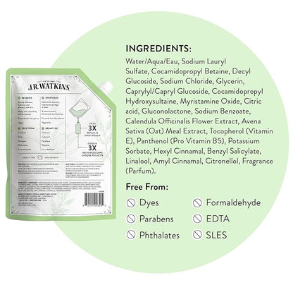 J.R. Watkins Gel Hand Soap Refill, Moisturizing Hand Wash, Formulated with Plant-Based Cleansers, Alcohol-Free, Cruelty-Free, Aloe & Green Tea, 34 Fl Oz, 2 Pack