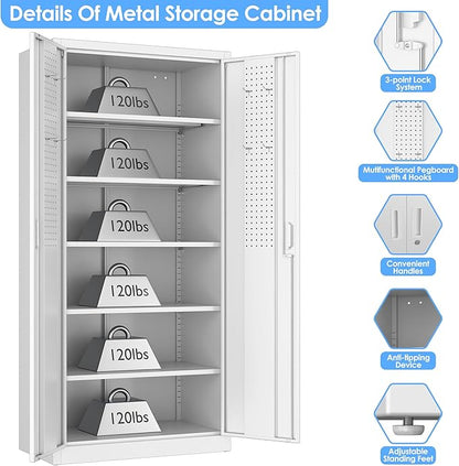 71"H×34"W×18"D Metal Garage Storage Cabinet with Lock and Pegboard, Steel Lockable File Cabinet with 2 Doors and 5 Adjustable Shelves for Office,Home,Garage, Storage, Assembly Required, White