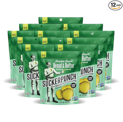 SuckerPunch Snappy Sweet Bread N’ Butter Dill Pickles Chip-Cut, Gluten Free, Kosher, Sugar Free, Low Calorie, Low Carb, on the Go, Non GMO, Keto Friendly, Vegan, 3.4 Oz Single Serve Pouch (12 Pack)