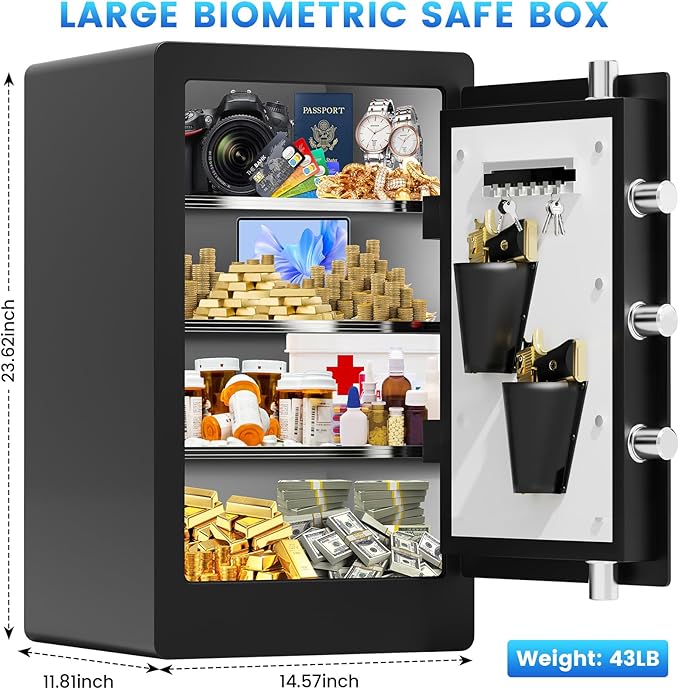 5.1 Cuft Large Biometric Fireproof Safe for Home Use, Quick-Access Fingerprint Safe Box with Fireproof Document Bag, 3 Removable Shelves and Dual Alert, Security Safety Box for Home Office