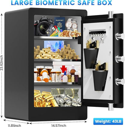5.1 Cuft Large Biometric Fireproof Safe for Home Use, Quick-Access Fingerprint Safe Box with Fireproof Document Bag, 3 Removable Shelves and Dual Alert, Security Safety Box for Home Office