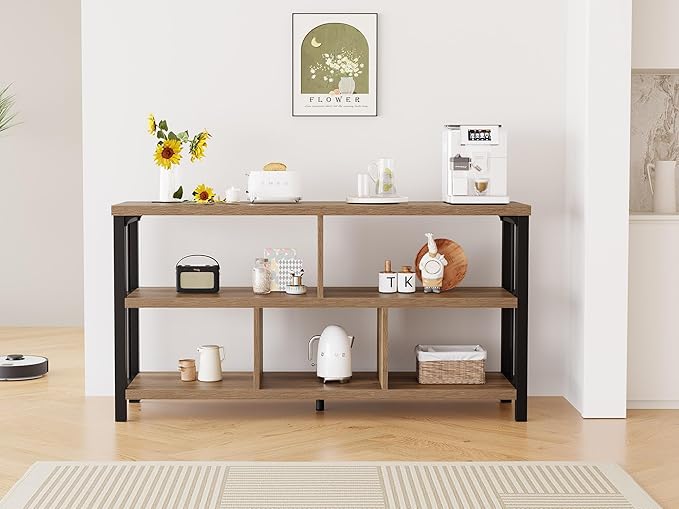 IBF 5 Cube Storage Organizer, Industrial Low Horizontal Bookshelf, Modern Wide Wood and Metal Bookcase with Book Storage, Short Open Cubby Book Shelf for Office Bedroom Living Room, Rustic Oak, 47 in