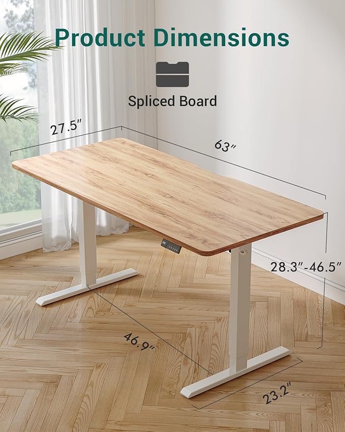 FEZIBO Standing Desk, 63×28 Inches Electric Height Adjustable, Sit Stand Up, Computer Office Desk with Splice Board, White Frame/Light Rustic TOP