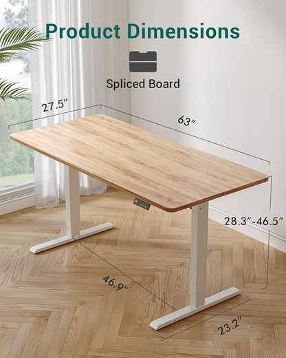 FEZIBO Standing Desk, 63×28 Inches Electric Height Adjustable, Sit Stand Up, Computer Office Desk with Splice Board, White Frame/Light Rustic TOP