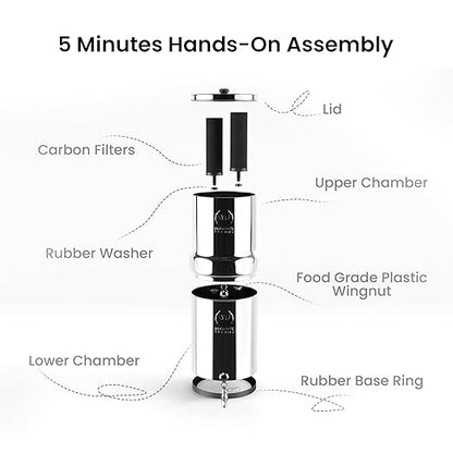 Gravity Water Filter System - 1.5 Gallons NSF Certified AISI 304 Stainless Steel Countertop Water Filter System with 2 Smart (Black) Carbon Filter Elements & Free Stainless Steel Water Spigot (1.5G)