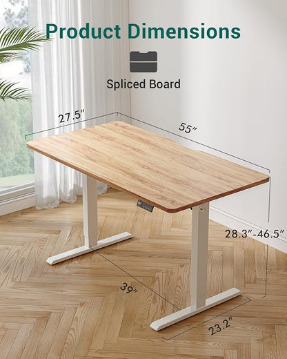 FEZIBO Standing Desk, 55×28 Inches Electric Height Adjustable, Sit Stand Up, Computer Office Desk with Splice Board, White Frame/Light Rustic TOP