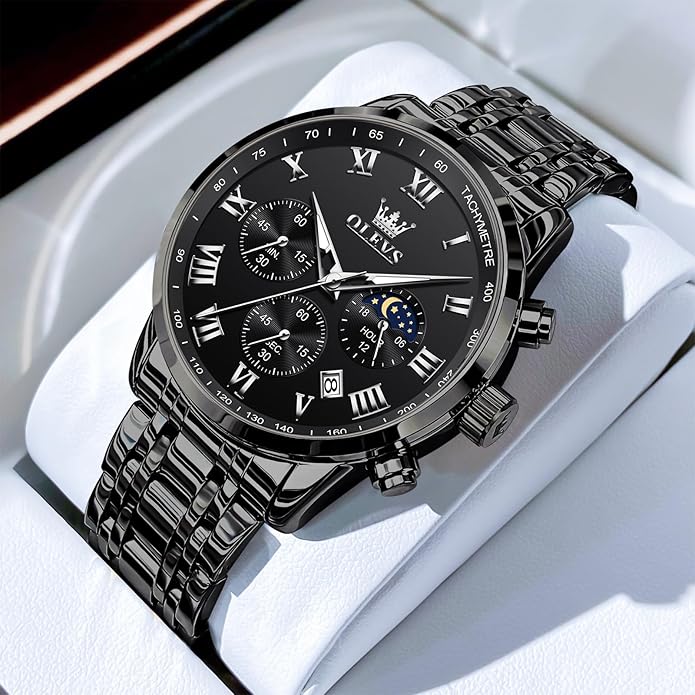 OLEVS Mens Stainless Steel Chronograph Watch, Big Face Roman Numerals Date Analog Quartz Dress Watches for Men, Fashion Multifunctional Waterproof Luminous Hands Men's Wristwatch