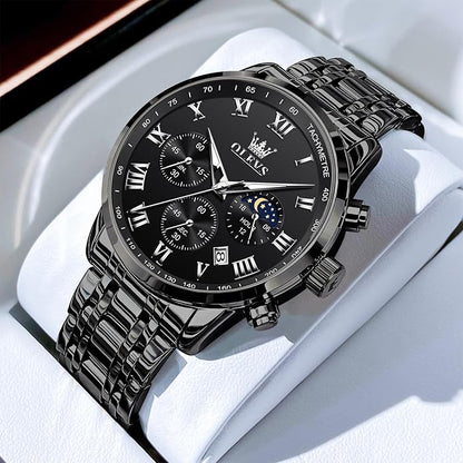 OLEVS Mens Stainless Steel Chronograph Watch, Big Face Roman Numerals Date Analog Quartz Dress Watches for Men, Fashion Multifunctional Waterproof Luminous Hands Men's Wristwatch