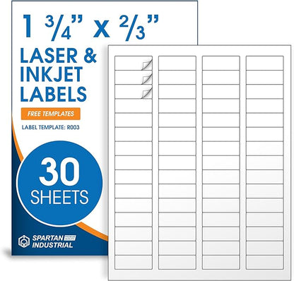 1 3/4" X 2/3" Matte White Return Address Labels Compatible with Inkjet and Laser Printers - 30 Sheets, 1800 Small Printable Stickers for Mailing and Barcodes - Spartan Industrial Template R003