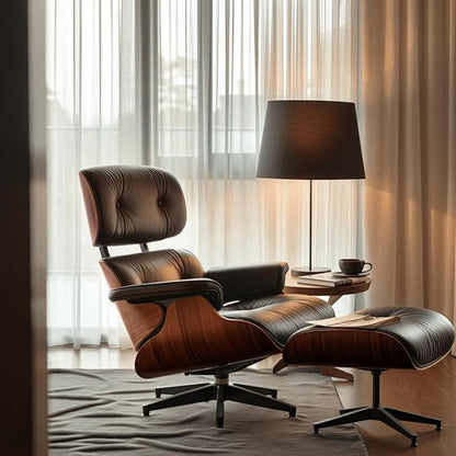 Mid Century Chaise Lounge Chair with Ottoman, Top Black Grain Leather, Modern Office Chair Classic Design, Heavy Duty Base Support for Living Room Study Lounge Office