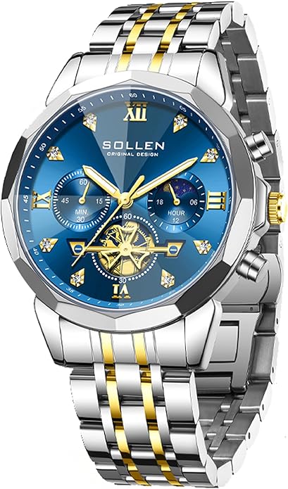 SOLLEN Mens Luxury Watches, Analog Quartz Chronograph Watches for Men, Stainless Steel Watch with Moon Phase, 30M Waterproof Wrist Watch for Men,Business Dress Classic Elegant Work Watch Gifts for Man