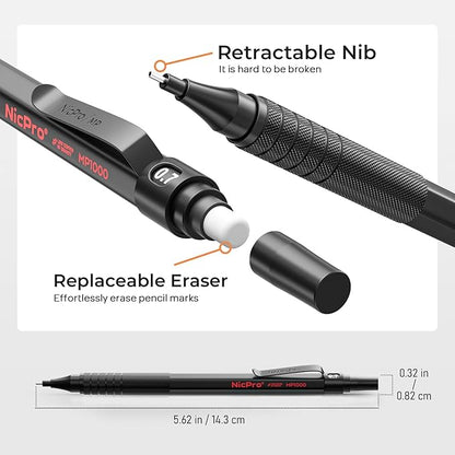 Nicpro Black Art Mechanical Pencil Set, 5PCS Metal Drafting Pencils 0.3, 0.5, 0.7, 0.9 mm & 2mm Graphite Lead Holder For Sketching Drawing With 9 Tubes (4B 2B HB 2H Colors) Lead Refills Erasers Case