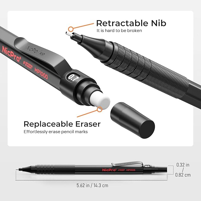 Nicpro 30PCS Black Metal Mechanical Pencil Set in Leather Case, Art Drafting Pencil 0.5, 0.7, 0.9 mm, 2mm Lead Pencil Holders for Sketching Drawing With 16 Tube (6B 4B 2B HB 2H 4H Colors)Lead Refills