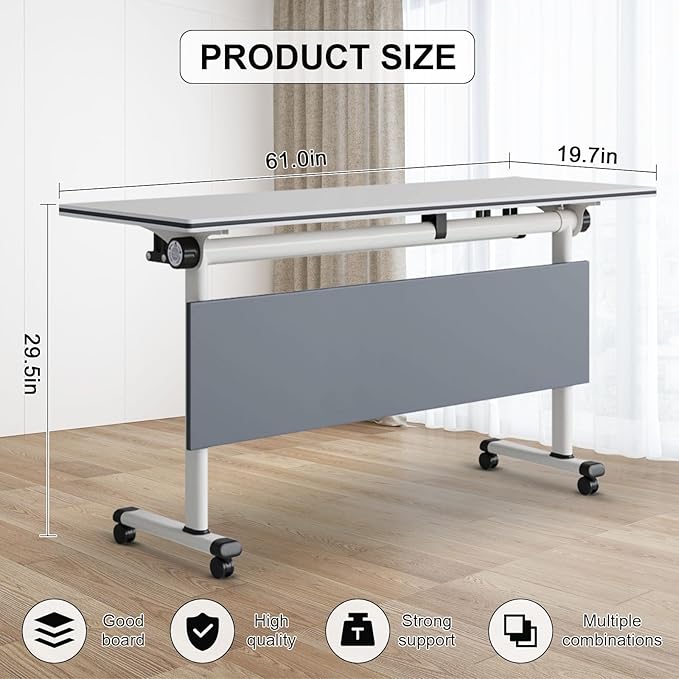 Conference Table Folding Conference Room Tables, Modern Mobile Meeting Training Table with Silent Wheels, Foldable Seminar Table for Offices, Classrooms, Libraries (6, Grey, 61in)