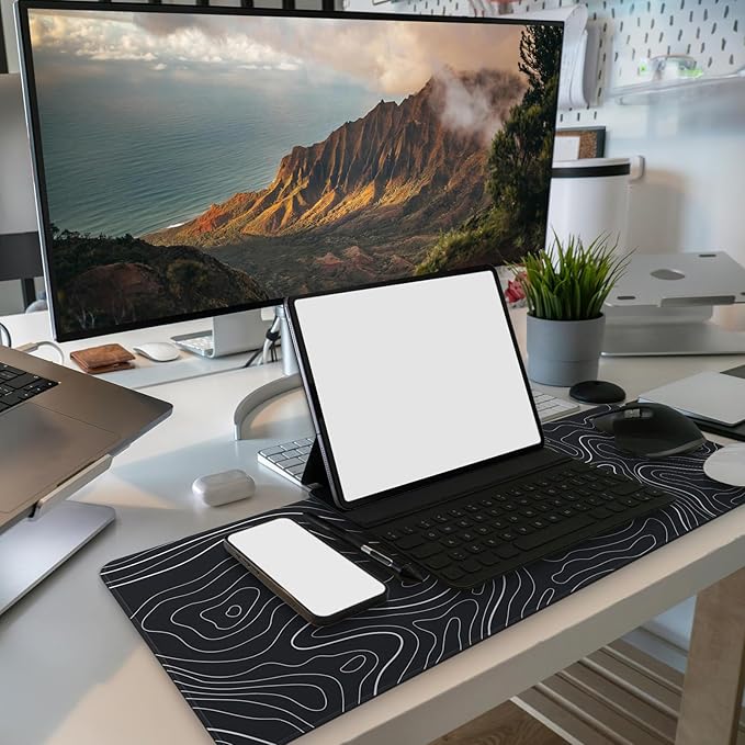 MAY FLOWER Large Gaming Mouse Pad, Full Keyboard Mat, Long Laptop Mousepad, Computer Mouse Mat for Home and Office, Anti-Slip Rubber Base, 31.5 x 11.8 Inches (Black Topographic Map)