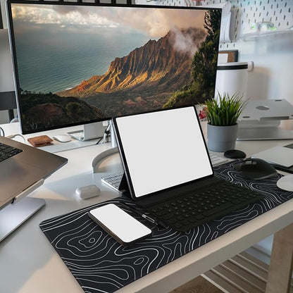 MAY FLOWER Large Gaming Mouse Pad, Full Keyboard Mat, Long Laptop Mousepad, Computer Mouse Mat for Home and Office, Anti-Slip Rubber Base, 31.5 x 11.8 Inches (Black Topographic Map)
