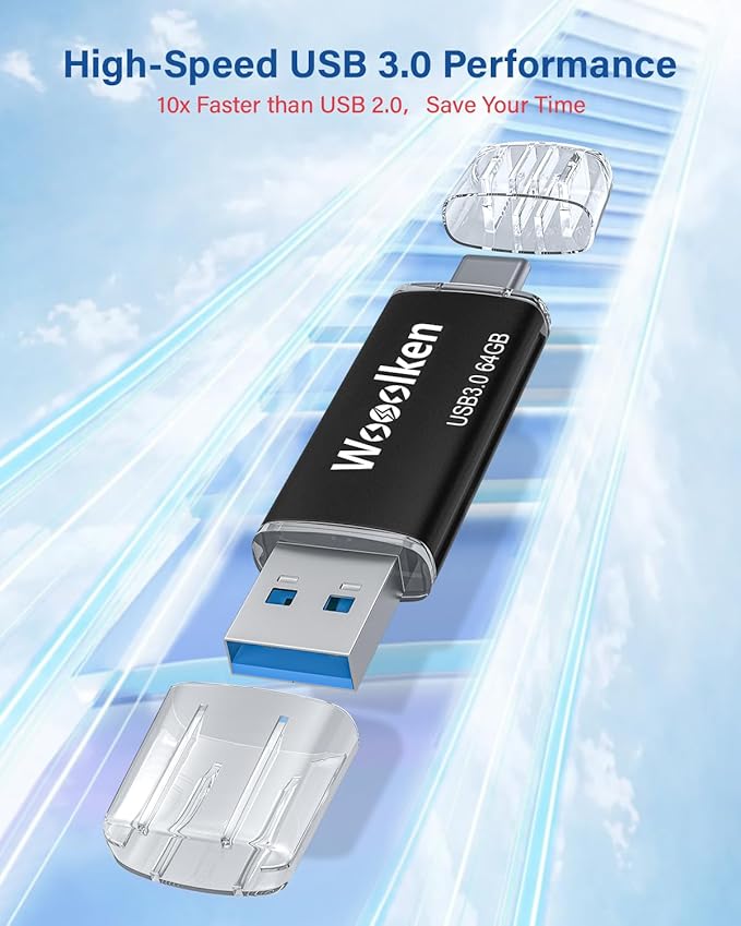 USB C Flash Drive 64GB, Wooolken USB 3.0 Dual Drive Type-C Flash Drive OTG Thumb Drive Compatible with iPhone 16/15, Android Smartphone/Tablets/Computers/Laptop (Black)