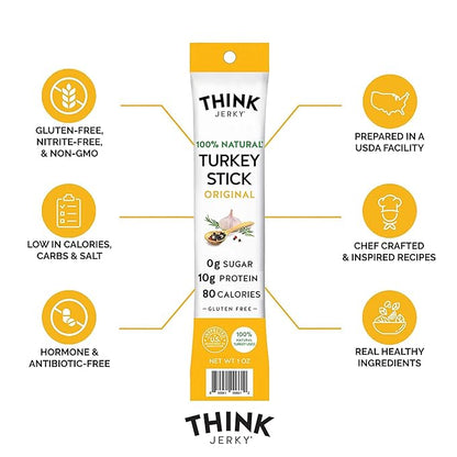 Think Jerky All-Natural Turkey Sticks, Gluten and Sugar Free, No Nitrates, Keto Paleo Friendly High Protein Low Carb Meat Snack - 1.0 oz Sticks, 20 Pack