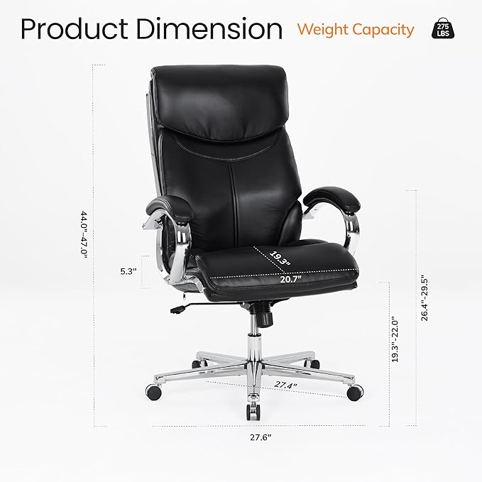COLAMY Marcus Executive PU Leather Office Chair, High-Back Home Desk Chair Padded Seat & Back, Smooth-Rolling Casters – Luxury Ergonomic Desk Chair for Professional Workspaces (Black)