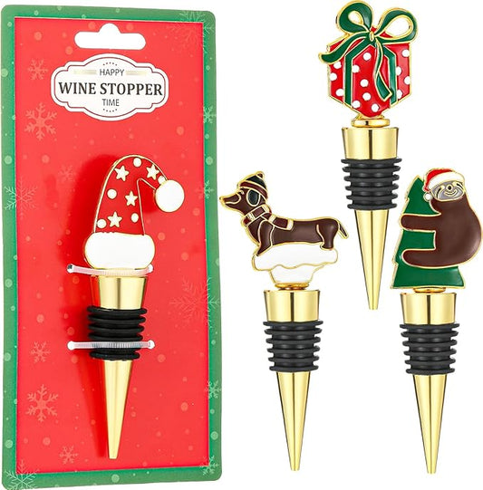Wine Bottle Stopper,4 Pieces Christmas Hat Tree Bear Dog Gift Decorative Wine Bottle Stopper,Metal Reusable Wine Bottle Stoppers for Wine, Champagne and Beer Collection (Gold-1)