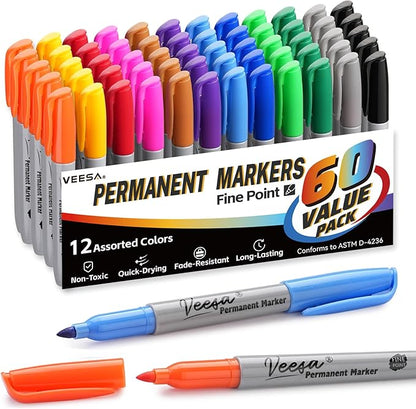 Permanent Markers Bulk,12 Assorted Colors, 60 Pack Fine Point Permanent Markers for Office, School, and Home Use