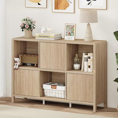 FATORRI 6 Cube Horizontal Bookshelf with 3 Doors, Modern Wood Book Shelf with Storage, Low Cubby Bookcase for Home Office (Light Walnut)