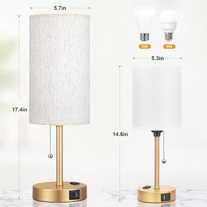 Dicoool Gold Bedside Table Lamp for Bedroom, 17Inch Tall Nightstand Lamp with USB C & A Ports & AC Outlet, 3 Color Temperatures Pull Chain Side Table Lamp for Living Room/Kitchen/Dorm/Office