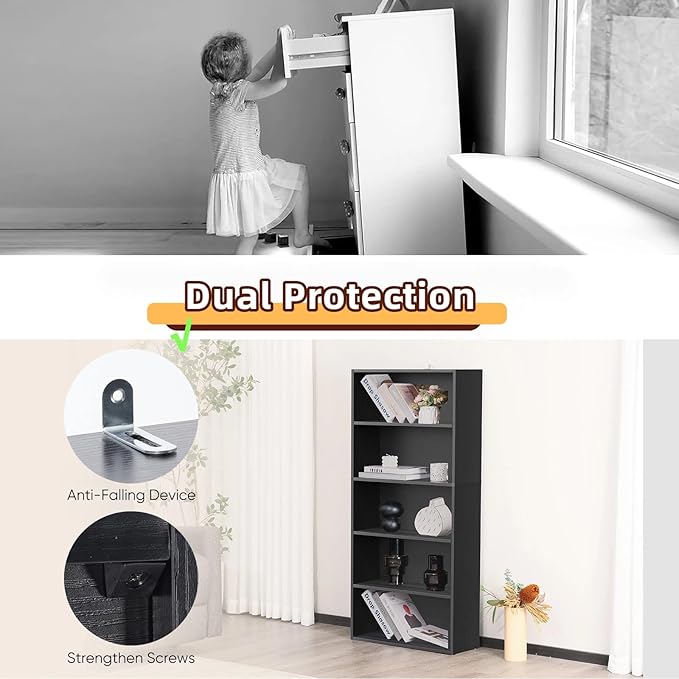 5 Tier Book Shelf, Tall Display Bookcase Modern Wood Bookshelf, 5 Shelf Bookcase Storage Organizer for Garage Kits/CDs/Books/Movies, Black Bookshelf for Home Office Living Room