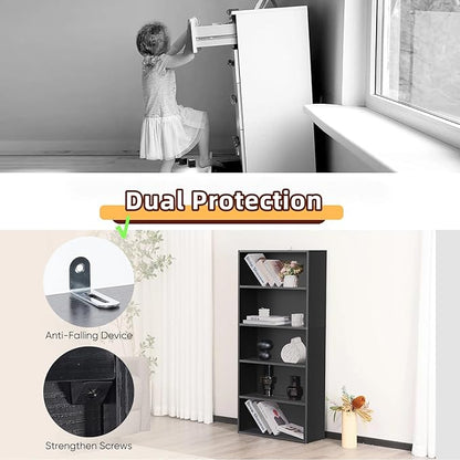 5 Tier Book Shelf, Tall Display Bookcase Modern Wood Bookshelf, 5 Shelf Bookcase Storage Organizer for Garage Kits/CDs/Books/Movies, Black Bookshelf for Home Office Living Room