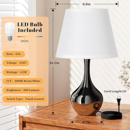 Seealle Touch Table Lamp for Bedroom, 3-Way Dimmable Small Bedside Lamps for Night Stands with Wires, Pearl-Black Desk Lamp for Kids Room, Office, Living Room, End Table(LED Bulb Included)