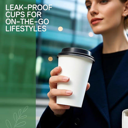 12 oz Coffee Cups with Lids and Sleeves 100 Pack, White Leak-Proof Disposable Coffee Cups for Hot/Cold Beverages, Party Supplies, To-Go Paper Cups for Coffee, Tea, Office, Picnic