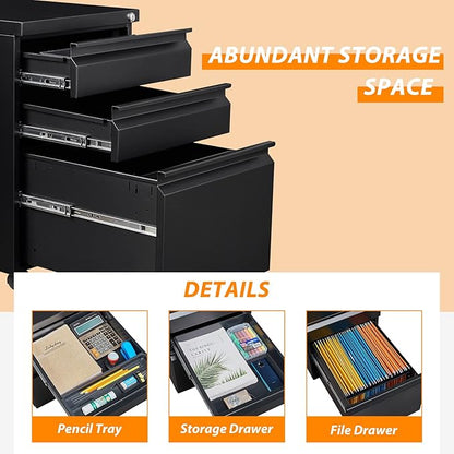 3 Drawer File Cabinet with Wheels, Metal Filing Cabinet with Lock, Office Rolling File Cabinets for A4/Legal/Letter Size, Assembly Required, Black