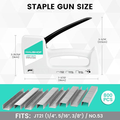 HAUSHOF Light Duty Staple Gun, Upholstery Staple Gun with 800PCS JT21 Staples and Stapler Remover, Fits JT21 Staple of 1/4'', 5/16'' & 3/8'', Used for Wood, Classroom, Crafts, DIY, Decoration (White)