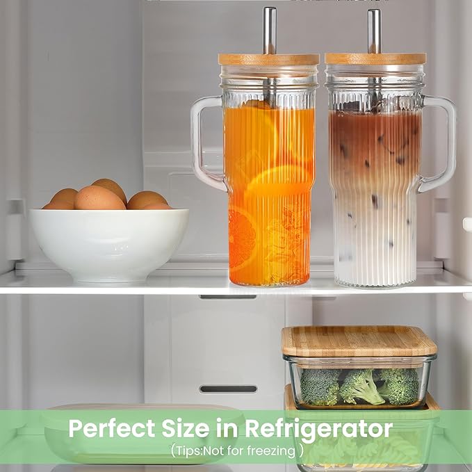 Birity 24oz Ribbed Glass Cup with Lids and Straws,2Pack Glass Tumbler with Handle,Reusable lced Coffee Cups with lids-Glass Cups with Lids,Mason Jar Cup for Smoothie,Coffee,Juice,Water,Tea,Travel Mug