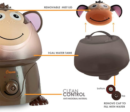 Crane Adorables Ultrasonic Humidifiers for Bedroom and Baby Nursery, 1 Gallon Cool Mist Air Humidifier for Large Room or Kid's Room, Humidifier Filters Optional, Monkey