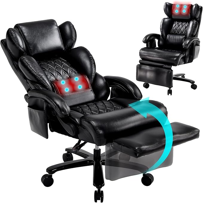 3-in-1 Massage Office Chair with Foot Rest 600LBS Big and Tall Office Chair with Massager and Heat for Heavy People, Reclining Executive Heavy Duty Office Chairs Desk Chairs Black