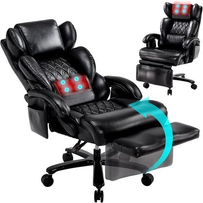 3-in-1 Massage Office Chair with Foot Rest 600LBS Big and Tall Office Chair with Massager and Heat for Heavy People, Reclining Executive Heavy Duty Office Chairs Desk Chairs Black