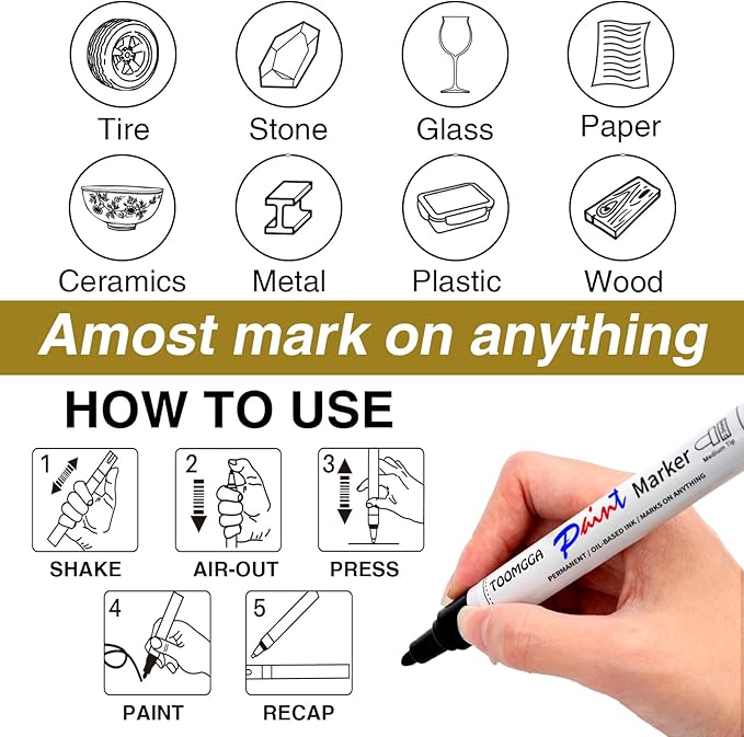 White Paint Pens Permanent Paint Markers - 12 Pack Oil Based Marking Pens, Medium Point, Quick Drying and Waterproof Pens for Rock Painting Car Tyre Metal, Plastic, Canvas, Wood