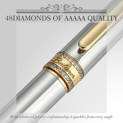 BEILUNER Silver Chrome Rollerball Pen, Diamond-Studded Cap Design, 24K Gold Trim, Noble and Elegant, Schneider Ink Refill, Best Pen Gift Set for Women & Men, Professional, Business Office, Nice Pens