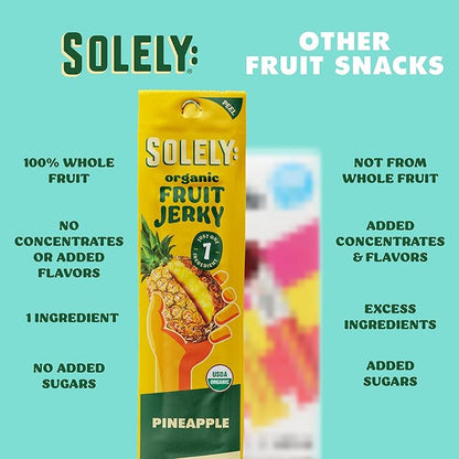 SOLELY - Organic Pineapple Fruit Jerky - 12 Individually Wrapped Strips - Fruit Leather Made from Dried Fruit - Healthy Snacks for Adults & Kids - Non GMO, Vegan Snacks - 0.8oz (23g)