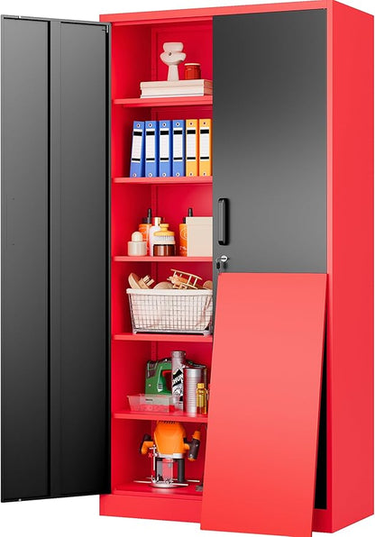 Wide & Deep Metal Storage Cabinet with 6 Shelves,72" Tall Red Garage Storage Cabinet with Lock,Metal Cabinets with Locking Doors,Lockable Steel Cabinets for Home,Office,Shop,Garage,72x36x18