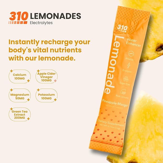 310 Nutrition Sugar-Free Lemonade Water Flavoring Packets - Peach Mango Hydration Powder with Alkalizing Minerals - Low-Calorie Water Enhancer for Energy & Refreshment - 30 Singles - Made in The USA