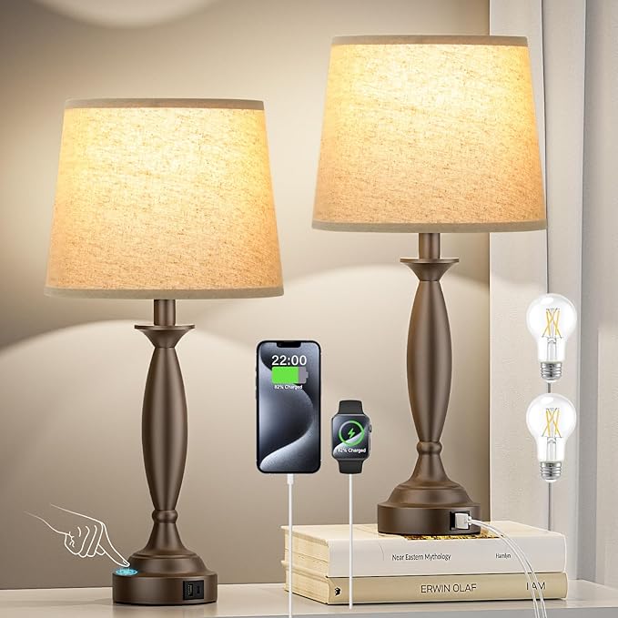 Beige Brown Lamps for Bedrooms Set of 2 - Touch Control Bedside Lamp with USB C+A, 3 Way Dimmable Nightstand Lamps with USB Port, Table Lamp for Living Room(Beige Shade and Brown Base)