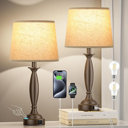 Beige Brown Lamps for Bedrooms Set of 2 - Touch Control Bedside Lamp with USB C+A, 3 Way Dimmable Nightstand Lamps with USB Port, Table Lamp for Living Room(Beige Shade and Brown Base)