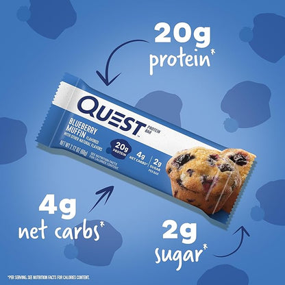 Quest Nutrition Blueberry Muffin Protein Bars, 20g Protein, 2g Sugar, 5g Net Carb, High Fiber, Gluten Free, Keto Friendly, 12 Count