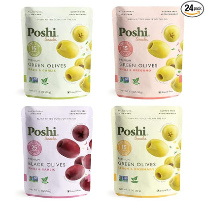 Poshi Natural Whole Pitted Olives | 24 Pack Variety | Basil & Garlic, Chili & Oregano, Chili + Garlic, Lemon & Rosemary | Vegan, Kosher, Gluten Free + Keto Friendly Healthy Snacks, 1.1 Oz (Pack of 24)