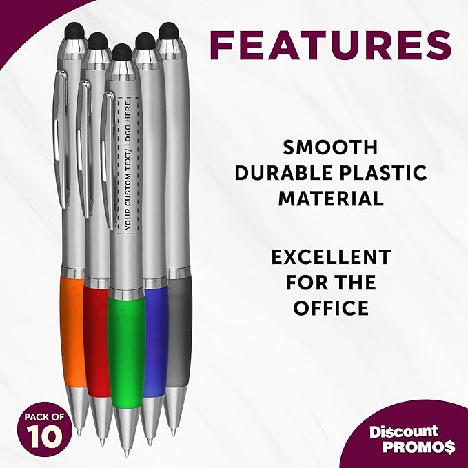 DISCOUNT PROMOS 10 Stylus Ballpoint Pens in Assorted Colors Pack - Customizable Text, Logo - Two in One, Ergonomic, Black Ink - Assorted